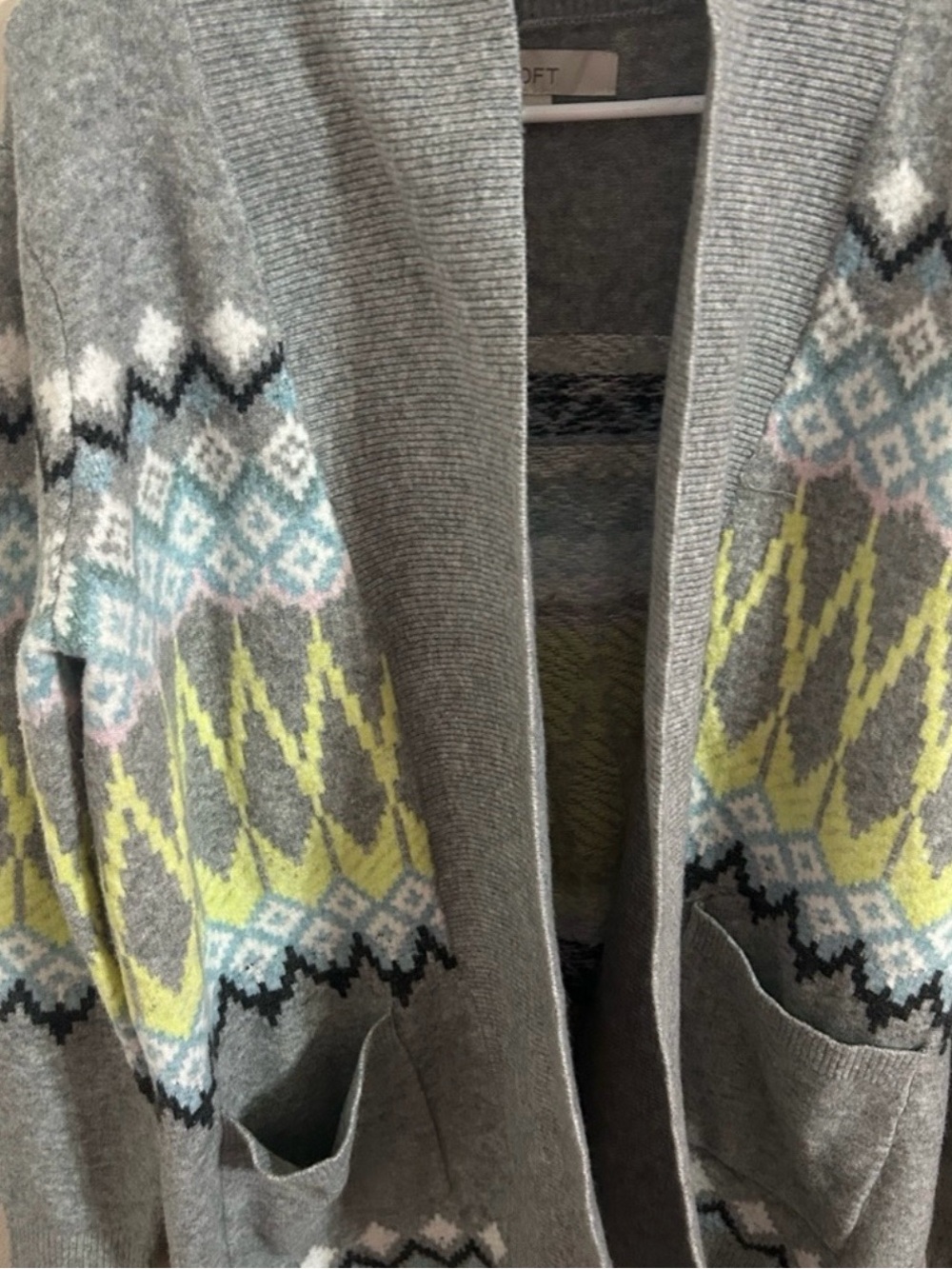 LOFT Size Medium Gray Fair Isle Open-Front Cardigan Sweater
